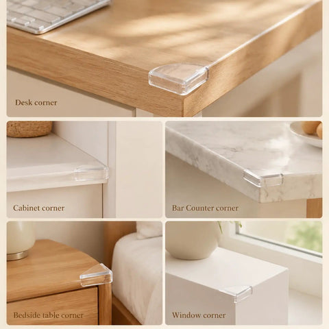 10 Pack Clear Corner Protectors for tables, cabinets, and windows Soft PVC edge guards on desk, bedside, and window corners