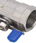 Close-up of Rock Solid 3/4 Inch Stainless Steel Ball Valve With Female Thread Pipe Fitting for Water and Gas Lines.