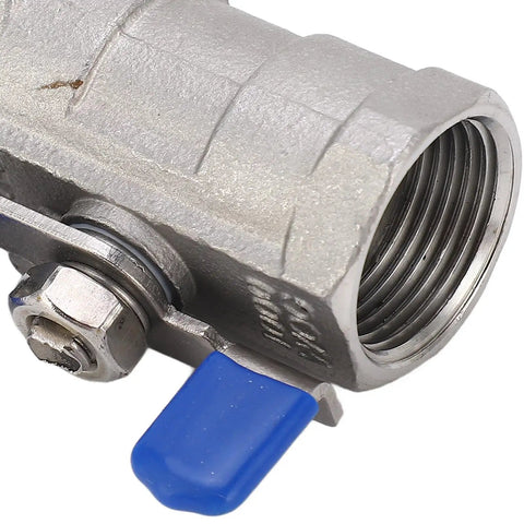 Close-up of Rock Solid 3/4 Inch Stainless Steel Ball Valve With Female Thread Pipe Fitting for Water and Gas Lines.