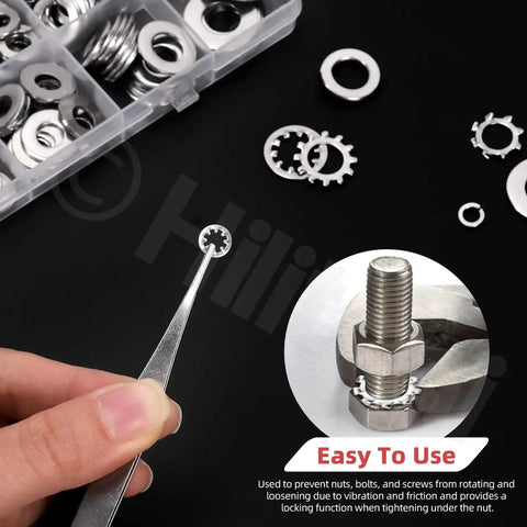 400 Piece Monster 304 Stainless Steel External Star Washers Internal Serrated Lock Washers Split Washer Toolkit with tweezers and bolt.