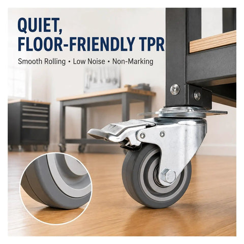 Set Of Four 3 Inch TPR Swivel Plate Casters With Dead Quiet Foot Brakes And Zero Drag Non Marking Rubber Tread For Smooth Home And Garage Mobility close-up of a quiet TPR caster on a wooden surface.