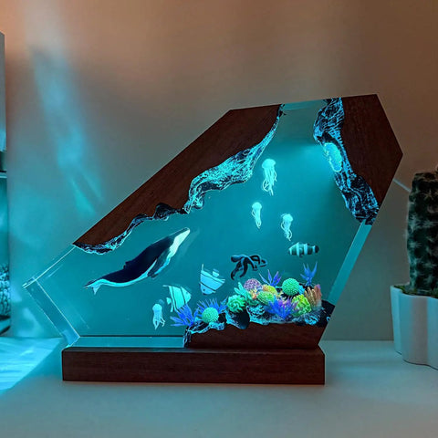 Blue Whale Resin Lamp With Wood Base RGB Ocean Nightstand Light For Coastal Home Office Decor Handcrafted Ocean Gift For Ocean Lovers