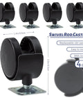 Four Pack 2 Inch Plastic Furniture Casters With Nylon Swivel Plate And Brakes, showing front and side view on white background