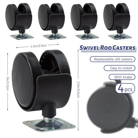 Four Pack 2 Inch Plastic Furniture Casters With Nylon Swivel Plate And Brakes, showing front and side view on white background