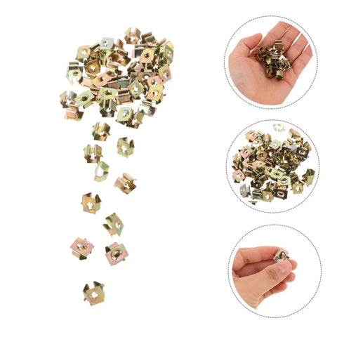Heavy Duty Golden U Nut Fasteners For Truck And Rig 50 Pack, shown in hand, suitable for engine undertray mounting.