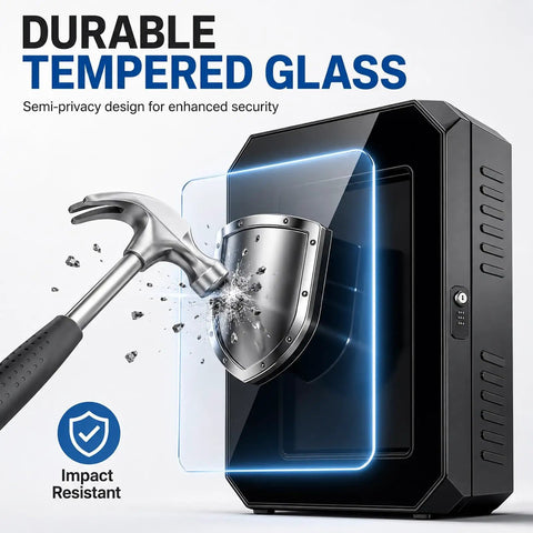 Durable tempered glass EV charger enclosure is impact resistant with hammer demonstration for security features.
