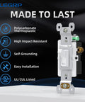Three Way Toggle Light Switch 15 Amp 120 Volt In Wall Quiet Framed Glossy White Built Tough Self Grounding UL Listed