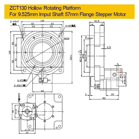 ZCT130 hollow rotating platform dimensions for 9.525mm input shaft 57mm flange stepper motor, technical drawing view.