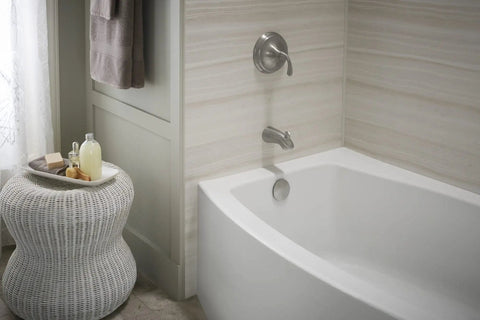 Bathroom with Forte Sculpted Rite-Temp Bath And Shower Valve Trim With Slip-Fit Spout And 2.5 GPM Showerhead In Polished Chrome.