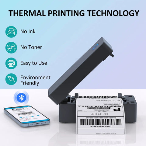Bluetooth 4x6 Thermal Shipping Label Printer For Small Biz Quick Printing From iPhone Android Mac Windows Works With UPS USPS Amazon Etsy Navy Blue No WiFi Needed, showing label printing process with smartphone connectivity.