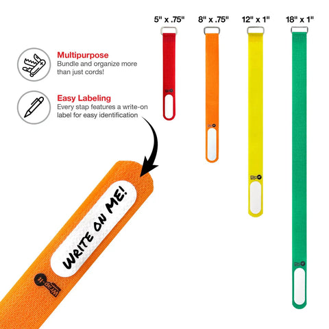 Storage Cinch Straps With Write On Labels, Hook And Loop Straps With Metal Buckles, Waterproof, Reusable, Multi Purpose Cable And Cord Organizer For Grab And Go Storage, Assorted 16 Pack, Adjustable