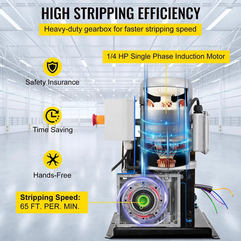 Top-Tier Heavy-Duty Electric Wire Stripping Machine, 370W Powerhouse features 1/4 HP motor and heavy-duty gearbox for high efficiency.