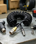 Badass HP Air Hose Adapter Quick Connect Cable 6mm Line Push Twist Fit No Tools Needed So You Build Stuff Faster Keep Air Compressor Link Tight Stress Free For All Your Daily Jobs Ready To Go Right Now For Sure, black coiled hose with metal fittings