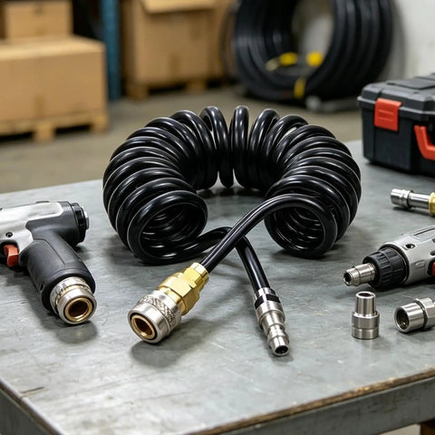 Badass HP Air Hose Adapter Quick Connect Cable 6mm Line Push Twist Fit No Tools Needed So You Build Stuff Faster Keep Air Compressor Link Tight Stress Free For All Your Daily Jobs Ready To Go Right Now For Sure, black coiled hose with metal fittings