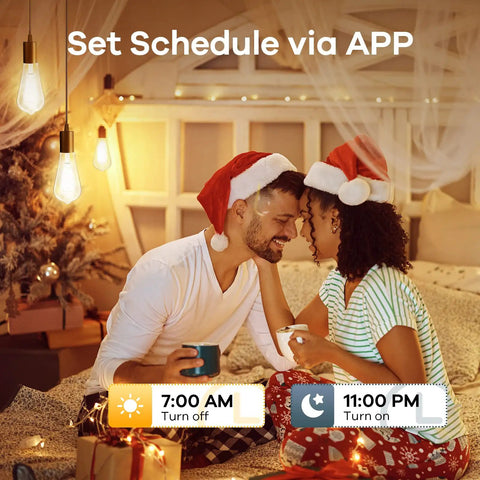 Couple enjoying warm glow from Vintage Edison Style WiFi Bulbs 2700K To 6500K Tunable White, holiday setting.