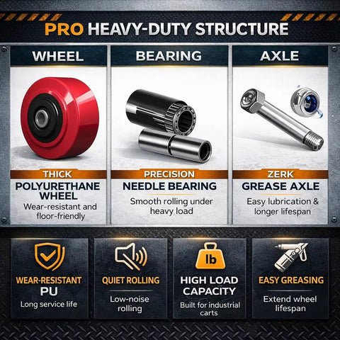 Infographic showing a polyurethane wheel, needle bearing, and grease axle with features of Beefy 6 Inch By 2 Inch Polyurethane Caster Wheel Set Of Four With Roller Bearing 1/2 Inch Bore Industrial Rated Heavy Duty For Tough Jobs 1000 Lbs Per Wheel 4000 Lbs Total Capacity.