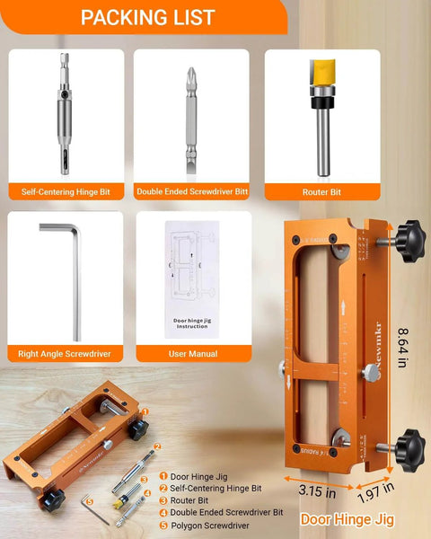 Door Hinge Jig Router Template For Universal One Quarter Inch And Five Eighth Inch Radius Hinges Aluminum Alloy Hinge Mortiser with accessories shown