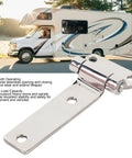 Close-up of a T-shaped door hinge in 304 stainless steel for an RV cabinet hatch.