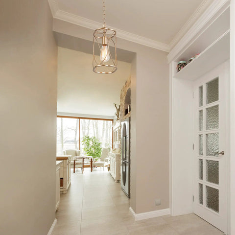 Gold Cage Pendant Light For Kitchen Island And Hallways in a modern hallway with beige walls and glass door