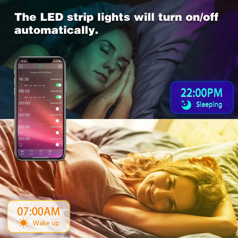Person asleep with phone app controlling Two Rolls Of 65.6 Ft Color Changing LED Strip Lights, 130 Ft Total, auto on/off feature shown