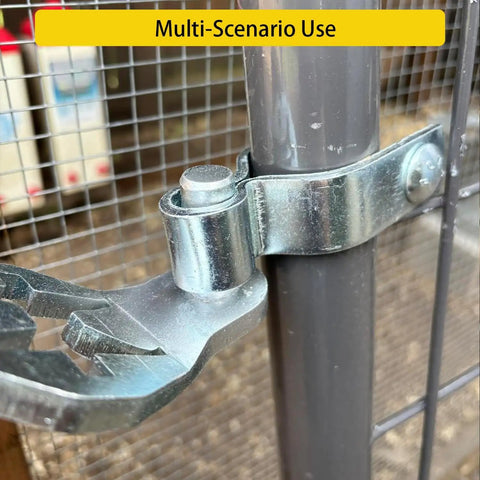 Close-up of Heavy Duty T-Post Gate Hinge Kit With Galvanized Pins for Chain Link Fences installed on a metal post