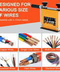 Pro Grade Cable Stripper Tool For 3 To 17mm Wires With 6 Channel And 5 Blades Drill Powered Or Hand Crank shown with wire types.