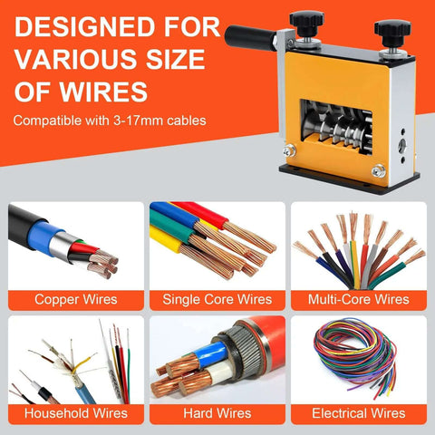 Pro Grade Cable Stripper Tool For 3 To 17mm Wires With 6 Channel And 5 Blades Drill Powered Or Hand Crank shown with wire types.