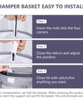 Installation steps for 70L Round Collapsible Laundry Hamper With Lid And Easy Carry Handles, focusing on rod insertion and lid closure