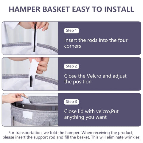 Installation steps for 70L Round Collapsible Laundry Hamper With Lid And Easy Carry Handles, focusing on rod insertion and lid closure