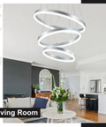Dimmable 3 Ring LED Chandelier Pendant Light With Height Adjustable Dope Modern Silver Finish in a stylish living room setting