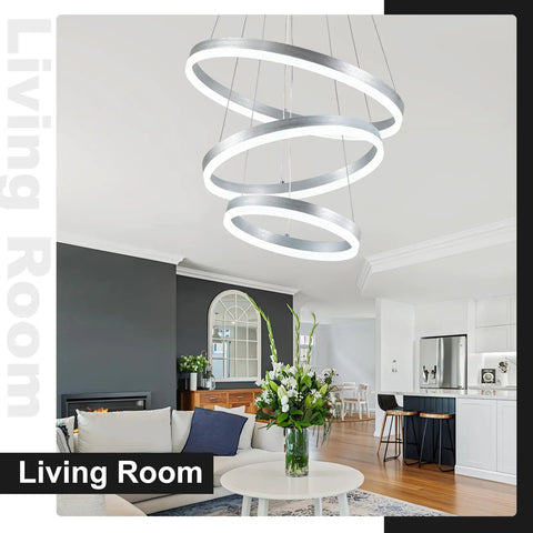 Dimmable 3 Ring LED Chandelier Pendant Light With Height Adjustable Dope Modern Silver Finish in a stylish living room setting
