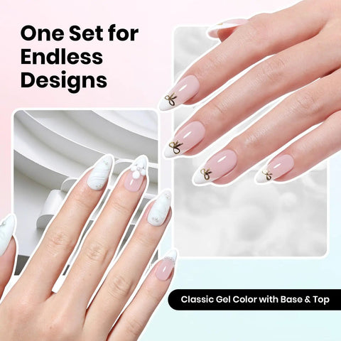 Hands showcasing nails with French tips using HEMA Free Gel Polish Set With Base Coat And Top Coat For Sensitive Nails White Gel