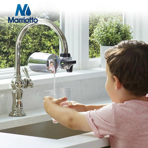 Child using faucet with Pur Compatible Water Filter Replacement 6 Pack for All PUR Faucets RF9999 and RF-3375 installed