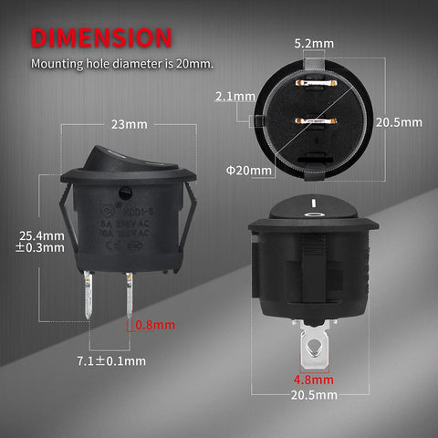 Dimensions of UL Listed 12V Round Rocker Switch SPST On Off 20mm Mini Circle Toggle, 2 Pin Wiring