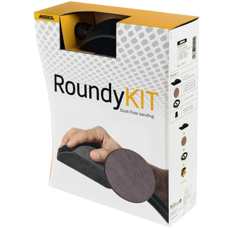 Dust Free Roundy Hand Sanding Block Kit With 6 Inch Sandpaper Discs Hook And Loop Abranet Mesh Discs And 13 Ft Vacuum Hose box.