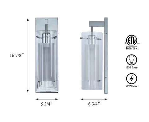 Dope Contemporary Chrome Wall Sconce with Clear Glass Cylinder Shade and Frosted Inner Shade dimensions and features