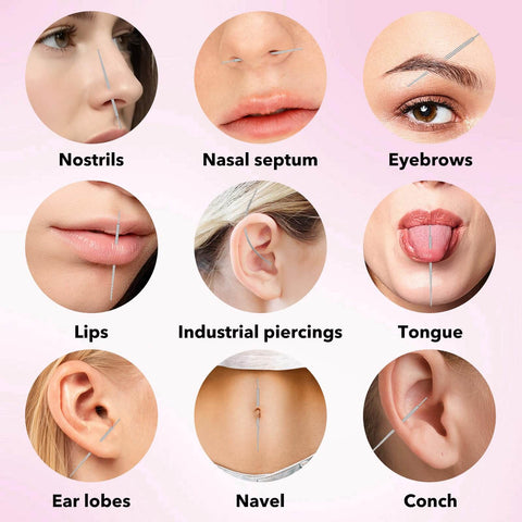 All-In-One Piercing Tool Set With Ball Grabber And Tapers for nostrils, lips, earlobes, navel, eyebrows, and more.