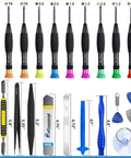 24 Piece Pry Tool And Screwdriver Kit For Easy Screen Replacement And Battery Repair On iPhone 17 16 15 14 13 12 11 Pro Max Plus X XR XS 8 7 6 Plus iPad Pro Air Mini iPad iPod PC Laptop Tablet And More, showing a variety of screwdrivers and pry tools.