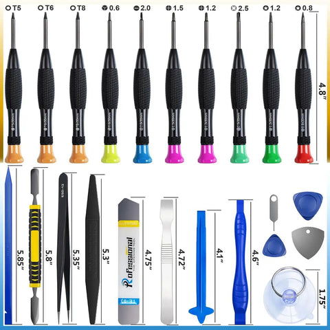 24 Piece Pry Tool And Screwdriver Kit For Easy Screen Replacement And Battery Repair On iPhone 17 16 15 14 13 12 11 Pro Max Plus X XR XS 8 7 6 Plus iPad Pro Air Mini iPad iPod PC Laptop Tablet And More, showing a variety of screwdrivers and pry tools.