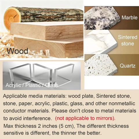 Materials compatible with Concealed Touch Sensor Lamp Switch, including wood, marble, quartz, and acrylic, up to 2 inches thick.