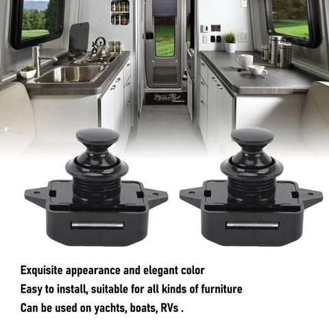 Cabinet Door Push Button Latch Kit with Zinc Alloy Lock for RV and Motorhome, durable black design, kitchen background