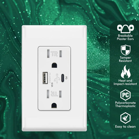 Beast Speed 65W GaN Fast Wall Charger Featuring Dual USB C And Type A Ports, Tamper Resistant UL Certified Outlet white power outlet
