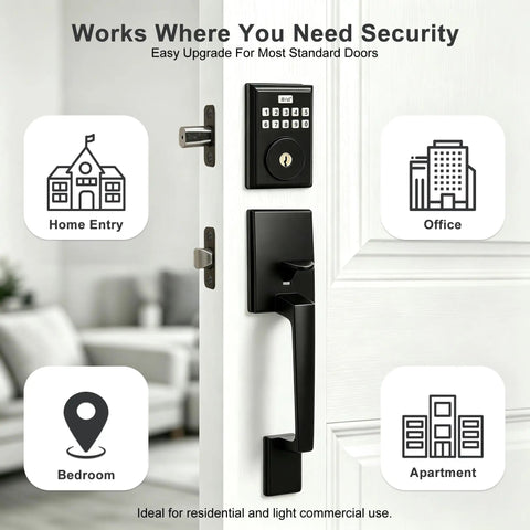 Top Shelf Keyless Entry Door Lock With Durable Handle Kit And Bright Backlit Keypad showing a matte black deadbolt for home and office security.