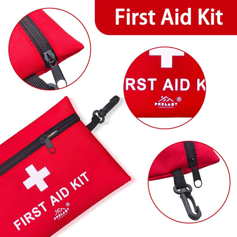 Red travel-size first aid kit pouch with zipper and carabiner