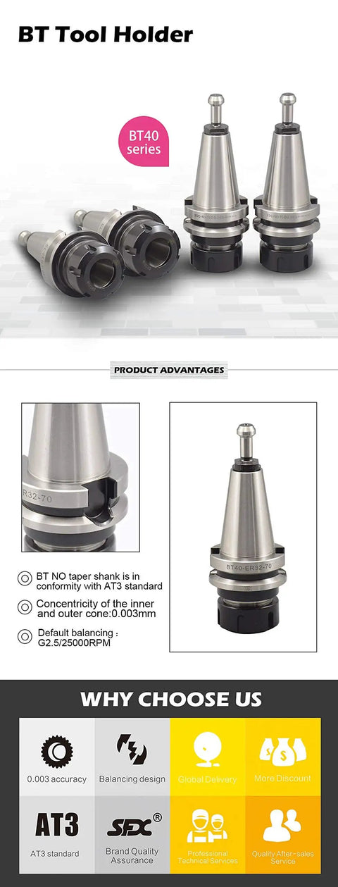 Four Pack BT40 ER32 100mm CNC Tool Holders Featuring Precision Pull Stud Heavy Duty Balanced Rig Dead Nuts Sub Point Zero Zero Three Runout Ready For Shop Floor