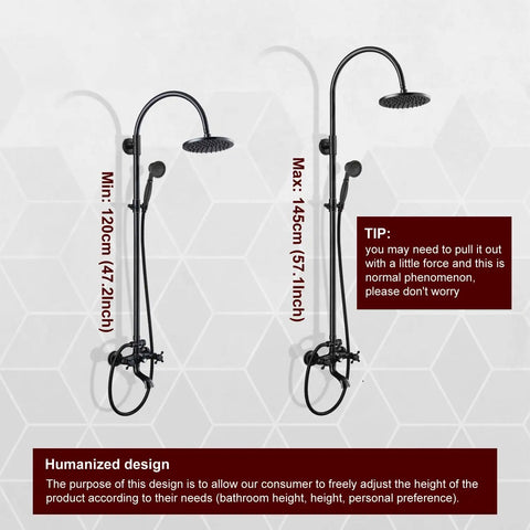Oil Rubbed Bronze Exposed Shower System With Brass Dual Knobs 8 Inch Rainfall Round Head Handheld Sprayer All In One Three Function Mixer Tub Spout Wall Mounted Shower Faucet Set For Ready To Install And Top Notch Bathroom Upgrade showing adjustable height.