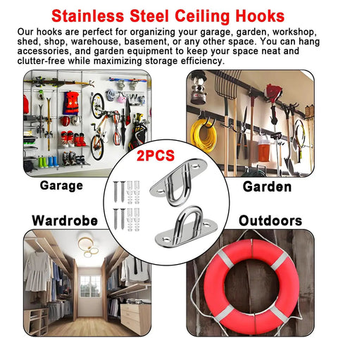 Rugged As Nails 304 Stainless Steel Ceiling Eye Hooks 2 Pack With Full Mounting Hardware for garage and garden organization.