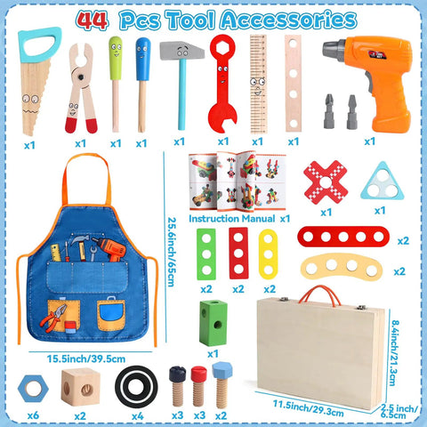 Kids Tool Set With Real Drill For Little Builders displayed with 44 wooden pieces, apron, storage box, and tools.