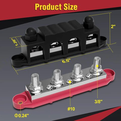 Beefy 48V 400A Bus Bar Power Distribution Block With Four Three Eighths Inch Posts And Three Number Ten Screw Terminals For Car Boat Marine Red And Black Durable, 6.5 in size view