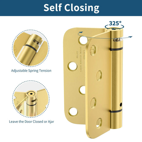 Real Deal Brushed Gold Self Closing Door Hinges Built Tough Spring Loaded Quiet Swing 4 Inch Hardware Adjustable spring tension for doors.